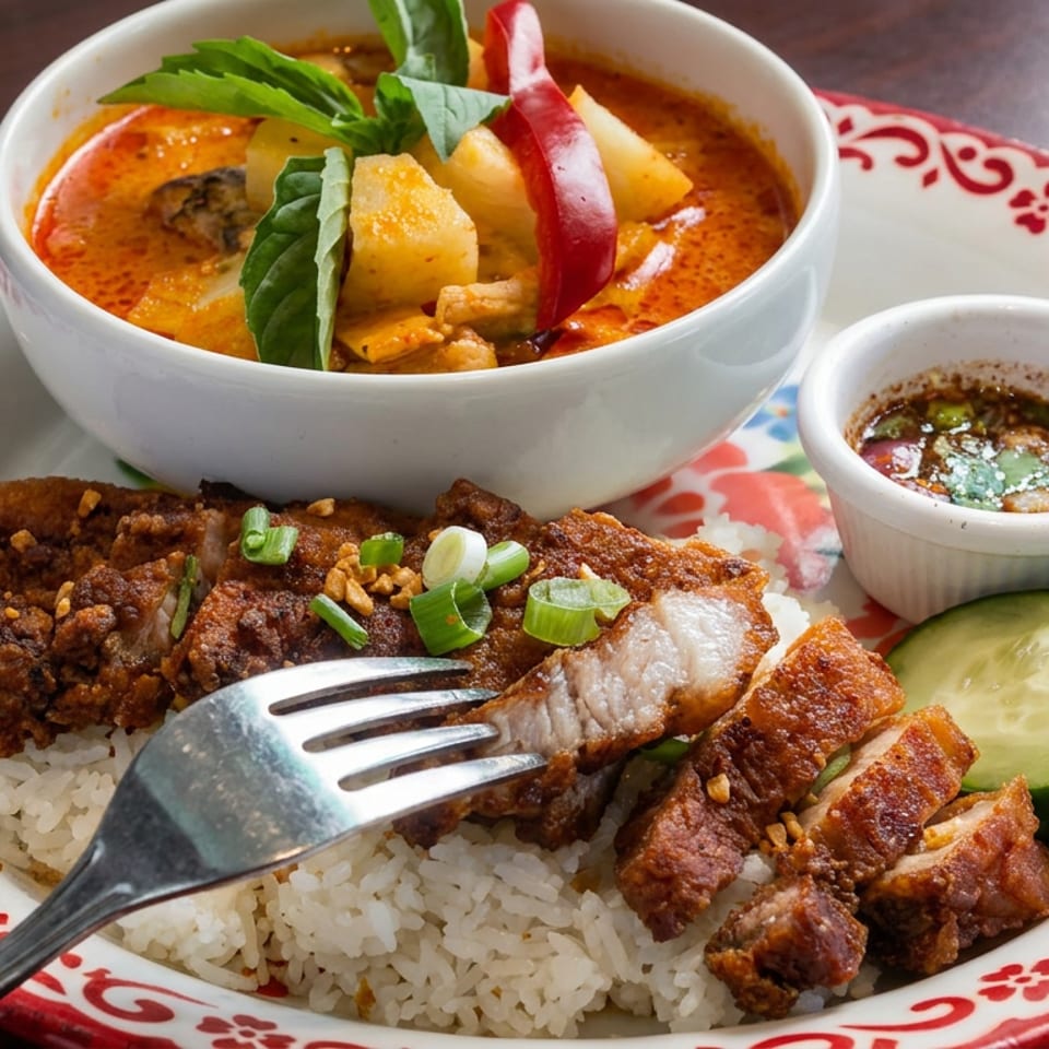 Thai-style platter with rice, grilled meats, spicy curry, cucumber slices, dipping sauce, herbs, and red chilies.