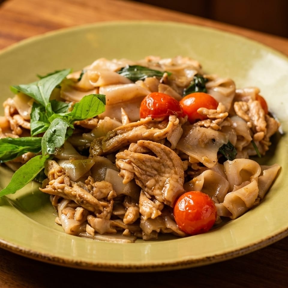 Plate of stir-fried wide rice noodles with minced meat, mushrooms, cherry tomatoes, onions, and fresh basil.