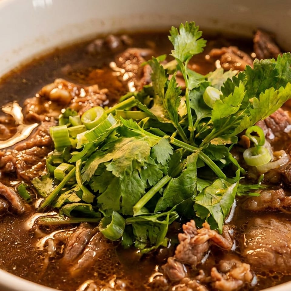 Bowl of dark beef broth topped with sliced beef, cilantro, green onions, and mushrooms on a wooden table.