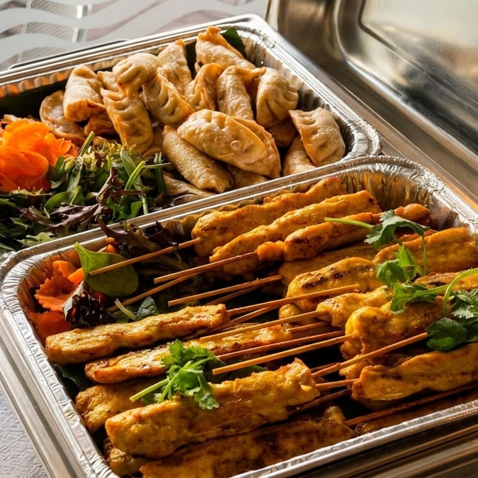 Aluminum catering trays hold grilled skewered meat, fried dumplings, fresh greens, and shredded carrots.