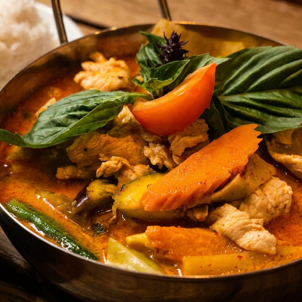 Thai red curry with chicken, vegetables, basil, and tomato served in a metal pan with rice and broccoli.