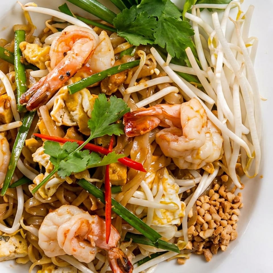 Pad Thai noodles with shrimp, tofu, bean sprouts, chives, cilantro, red chili, and crushed peanuts on a white plate.