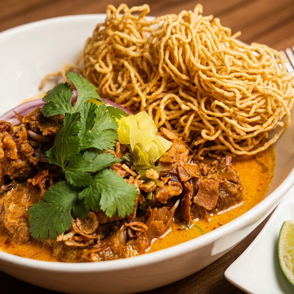 Bowl of rich curry topped with crispy noodles, cilantro, and pineapple, served with lime wedge and chili sauce.