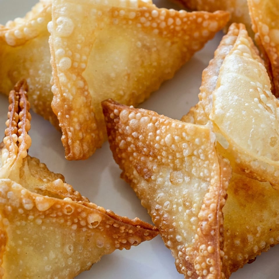 Golden-brown crispy triangular fried pastries arranged on a plate.