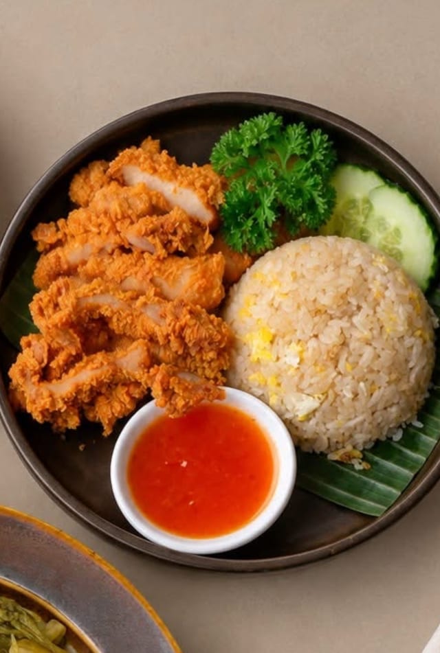 Pork Katsu Over Egg Fried Rice.